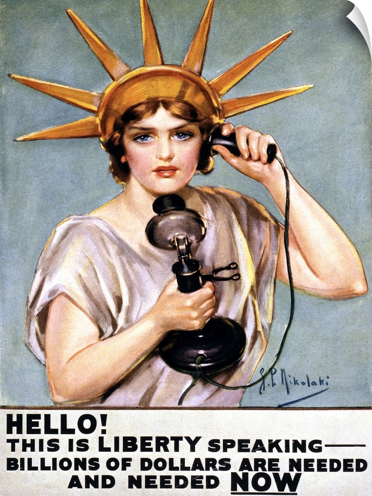 An American war poster depicting a woman dressed as the Statue of Liberty, talking on the telephone saying 'Hello! This is...