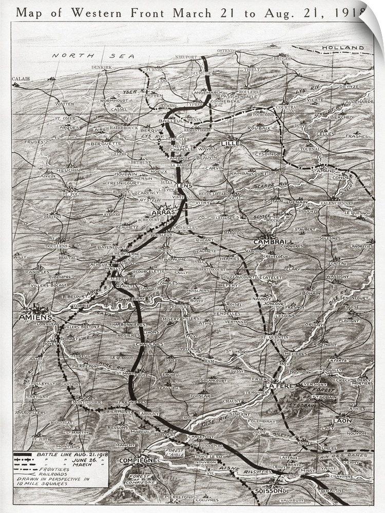 World War I, Western Front. Map Depicting the Battle Line When the German Offensive Of March 21, 1918 Was Launched, the Fu...