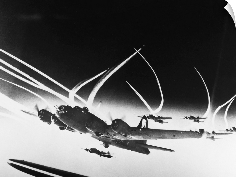 A squadron of U.S. Boeing B-17 Flying Fortresses photographed in flight during World War II, c1942.
