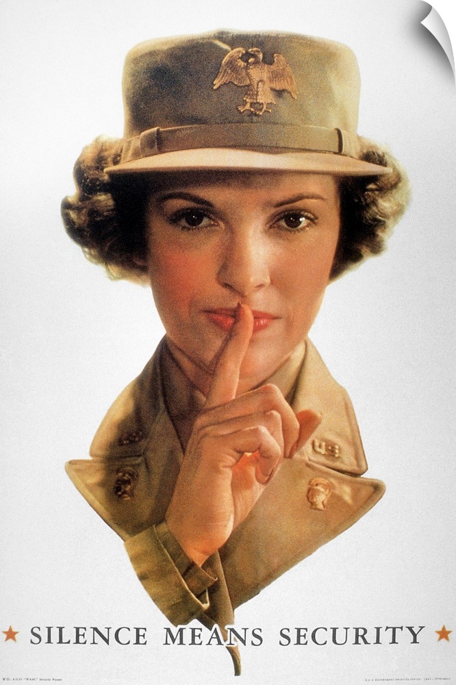 'Silence Means Security.' American World War II poster featuring a WAAC (member of the Women's Auxiliary Army Corps) warni...