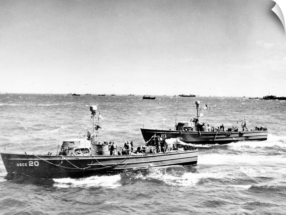 Two cutters of the U.S. Coast Guard rescue flotilla at the invasion of Normandy, France, 6 June 1944.