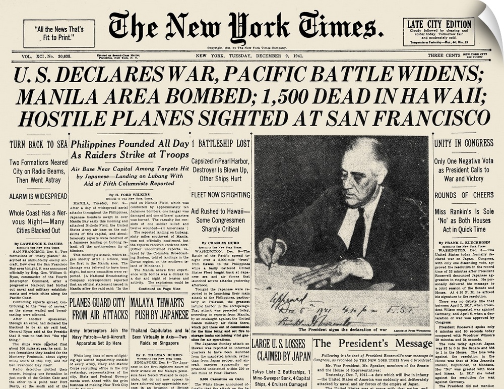 The front page of 'The New York Times,' 9 December 1941, announcing the United States' declaration of war with with Japan ...
