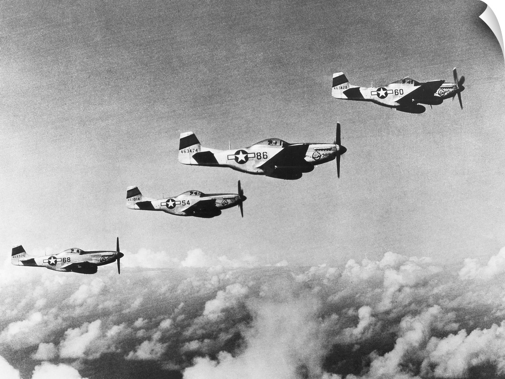 American P-51 Mustang fighter planes over Iwo Jima, 1945.