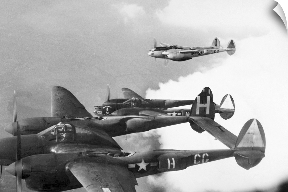 Lockheed P-38 Lightning on a ground strafing mission in southern France. Photographed 1944.