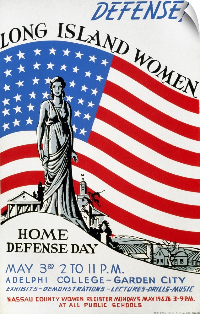 'Defense! Long Island Women - Home Defense Day.' American poster announcing activities related to civil defense held at Ad...