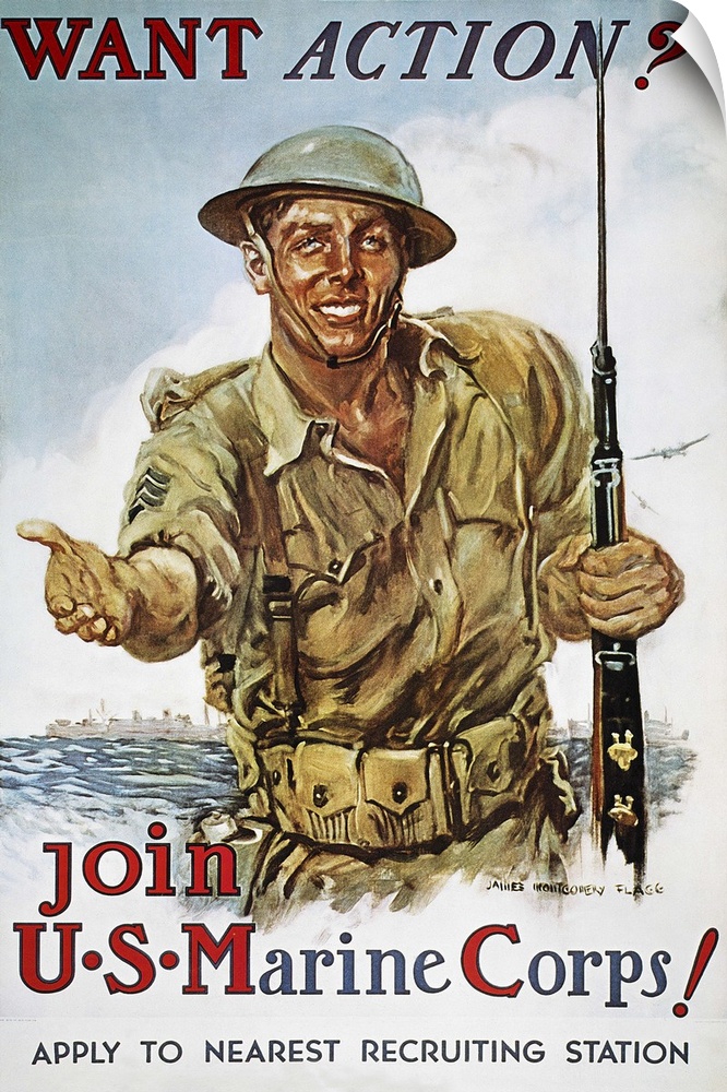 Want Action?: American World War II Marine Corps recruiting poster, 1942, by James Montgomery Flagg.