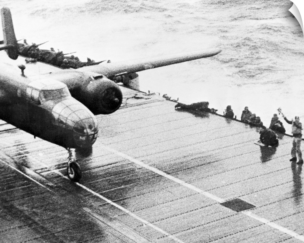 An Army Air Force B-25, under the command of Major General James H. Doolittle, takes off from the aircraft carrier USS Hor...