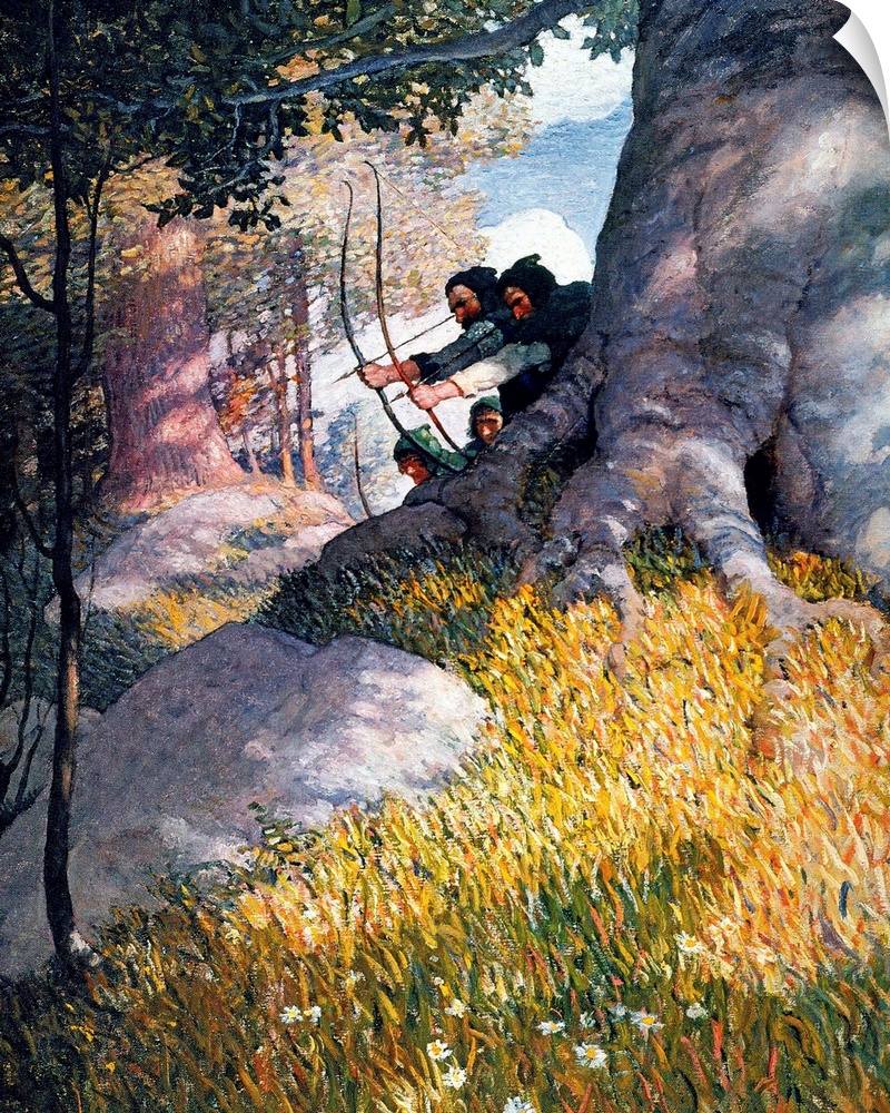 Robin Hood and his companions lend aid to Will o' th' Green from ambush. Oil on canvas, 1917, by N.C. Wyeth for an edition...