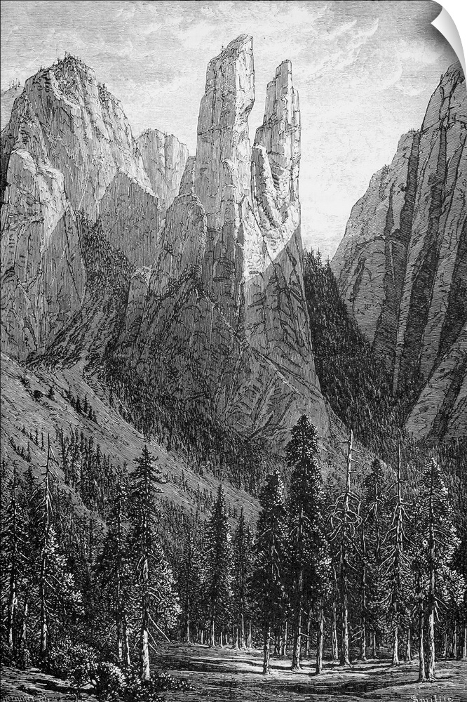 Yosemite, Cathedral Spires. Cathedral Spires Rock Formation In the Yosemite Valley. Wood Engraving, American, 1874.