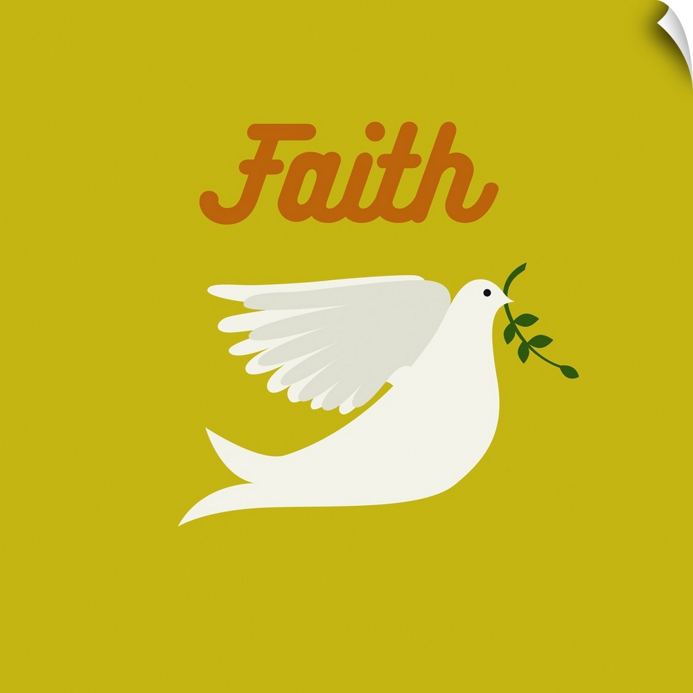 A modern illustration of dove with branch and the text 'Faith' with a white border.