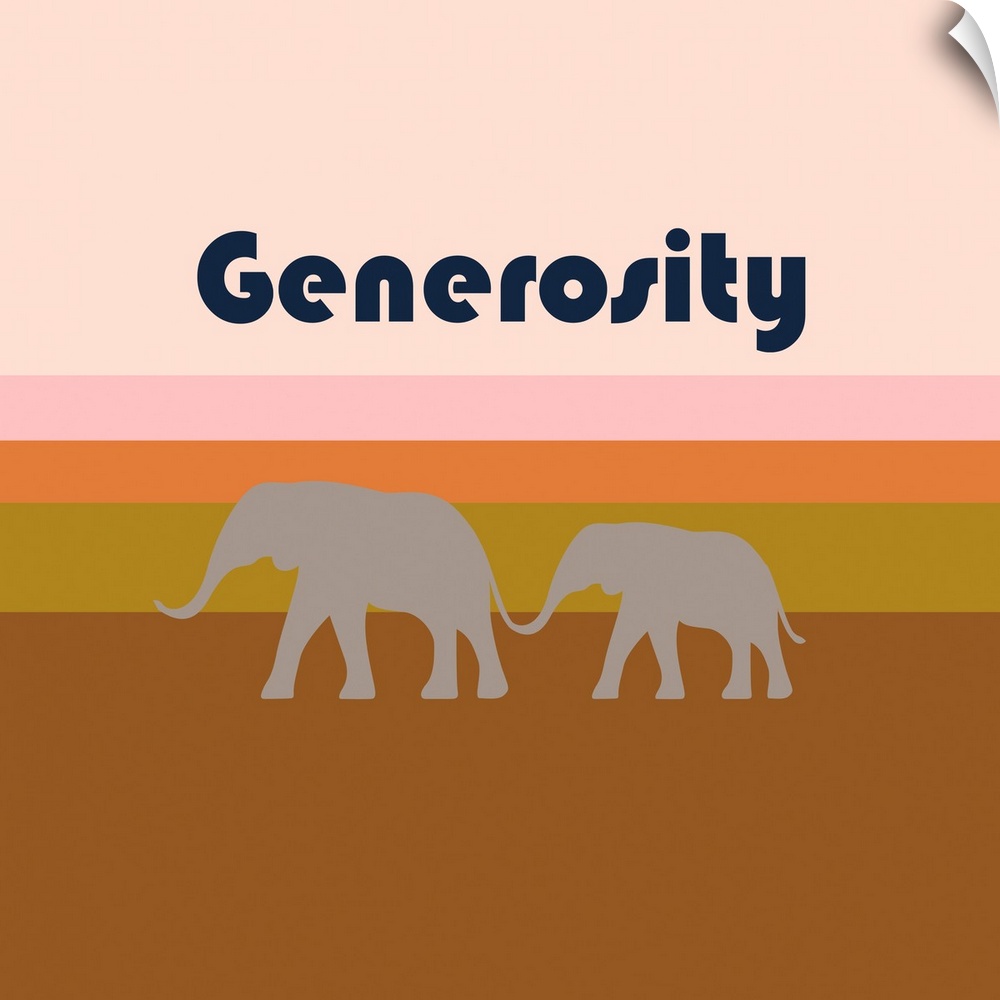 A modern illustration of a pair of elephants and the text 'Generosity' with a white border.