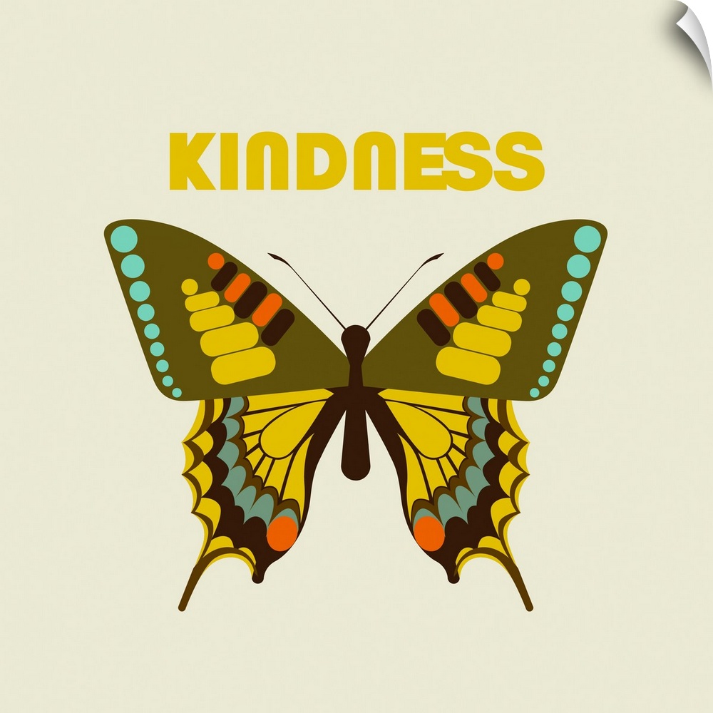 A modern illustration of butterfly and the text 'Kindness' with a white border.