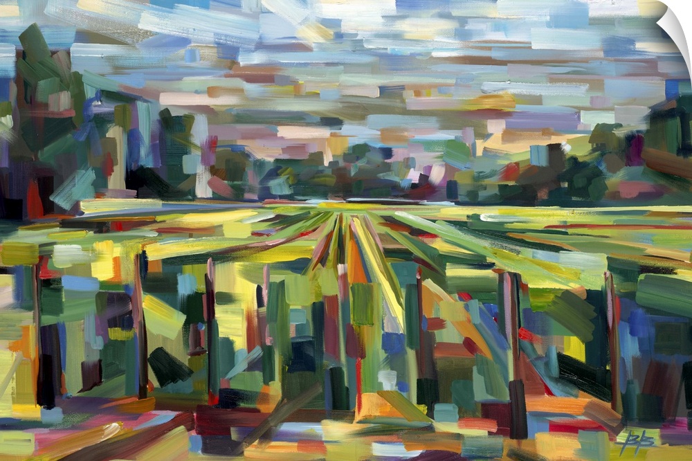 Contemporary abstract painting of a countryside landscape deconstructed into geometric shapes.
