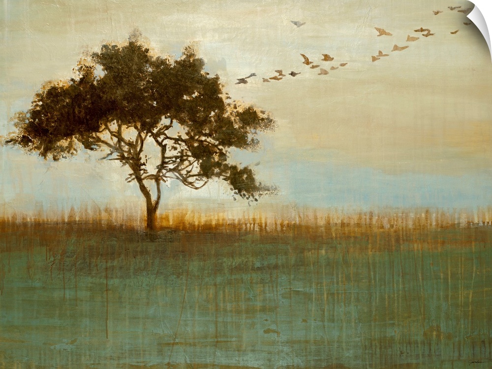 Abstract painting of a tree in a field with birds flying out of it with a grungy texture layered on top.