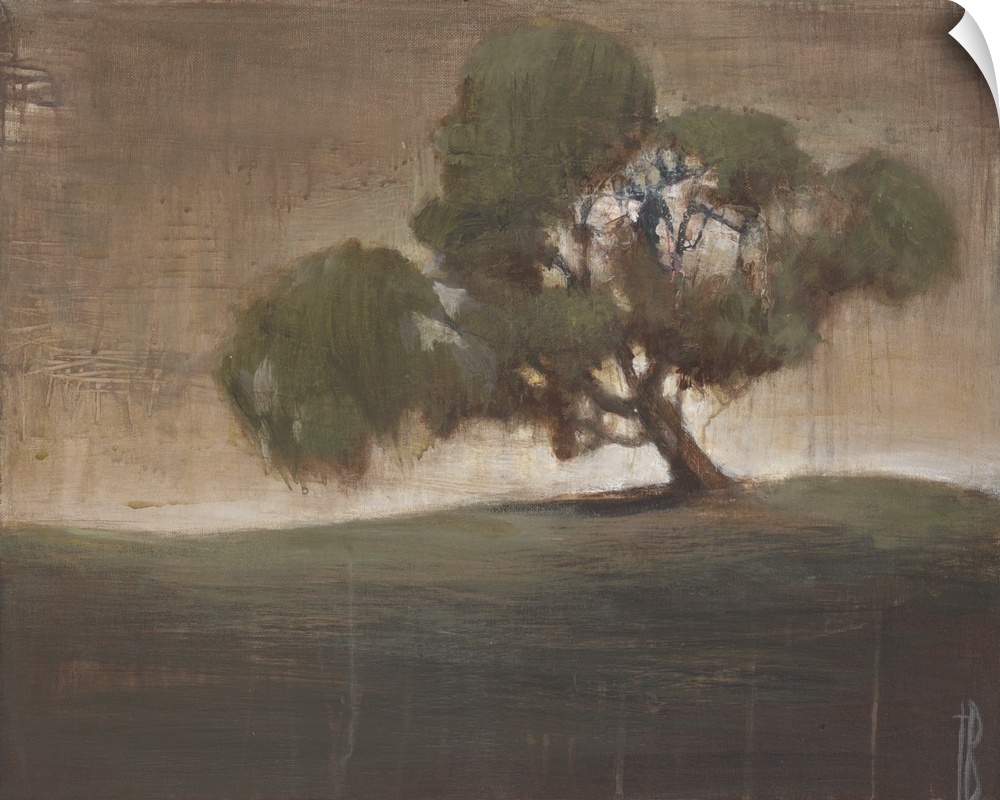 A contemporary painting of a lone tree leaning to its side on a grassy knoll.