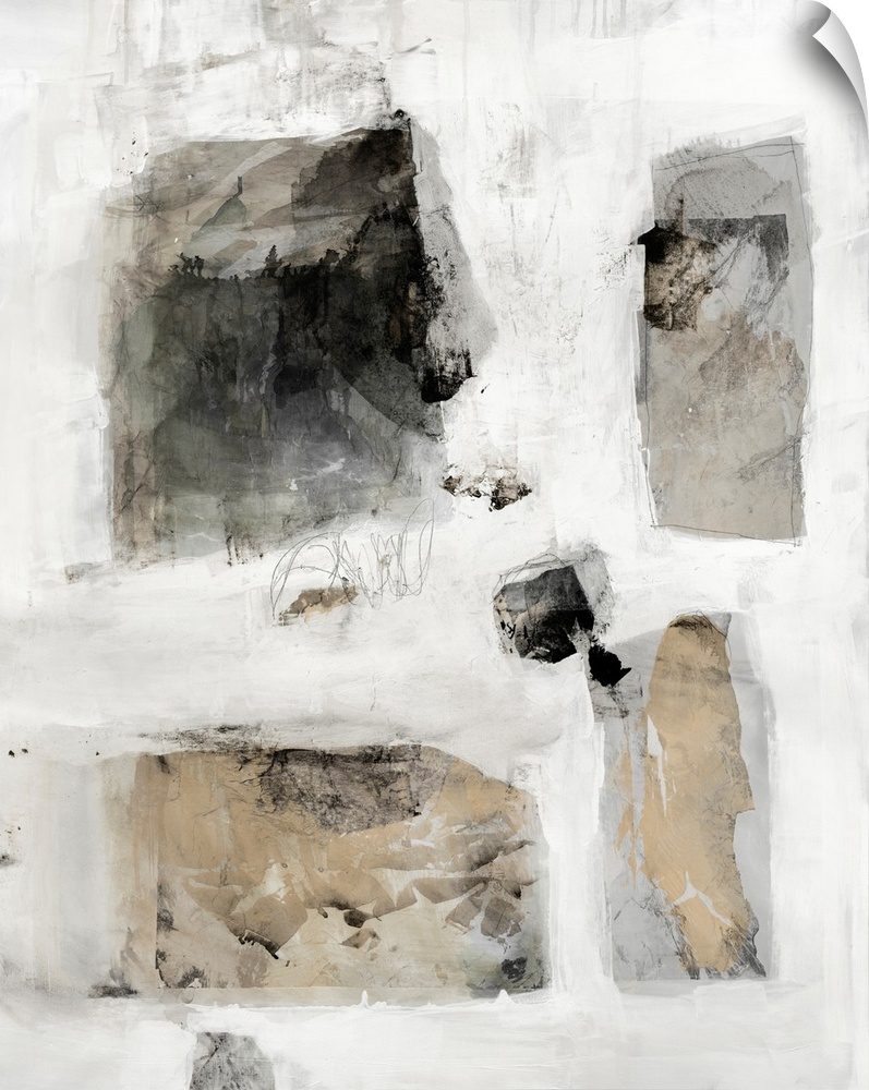 A masculine contemporary abstract painting featuring rectangular shapes in neutral tones on a muted white and grey background
