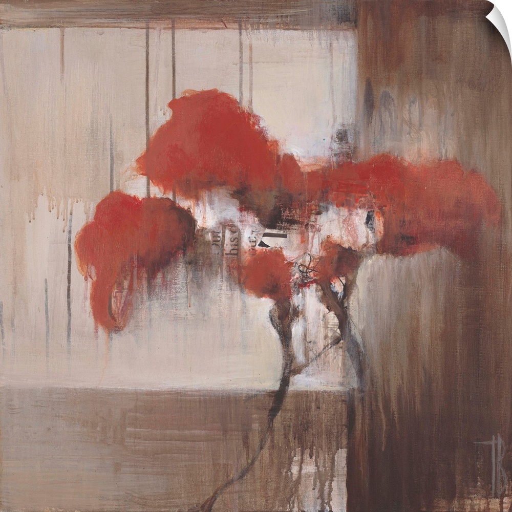 Contemporary painting of red flowers against a muted earthy toned background.