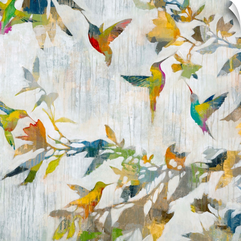 Contemporary abstract painting of a hummingbirds in multiple colors.