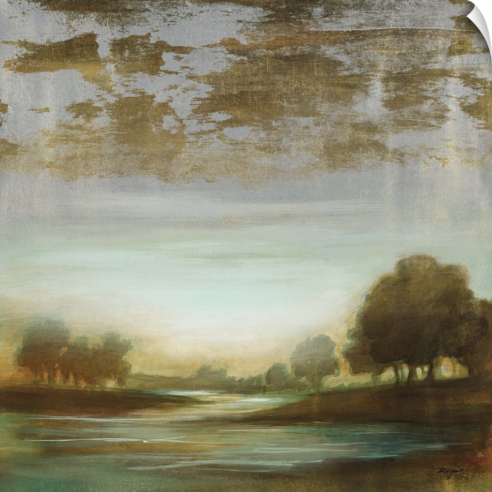 Contemporary painting of an idyllic dark looking landscape with a winding river.