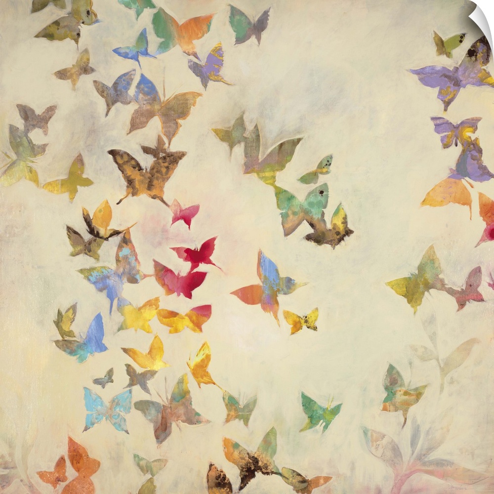 Contemporary painting of fluttering butterflies in a spectrum of colors against a cream background.