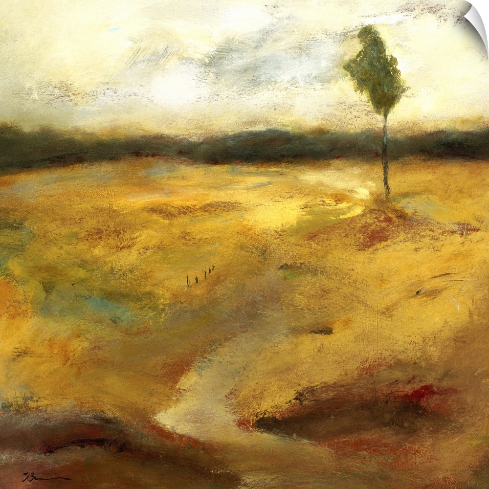 Contemporary painting of a golden earthy toned landscape with a small lone tree in the distance.