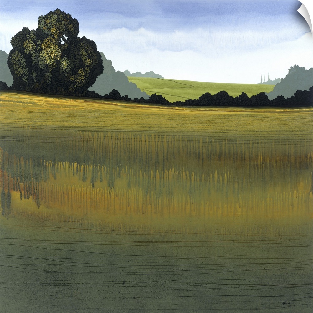 Square landscape painting with an open field and trees lining the background.