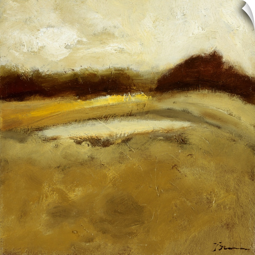 Contemporary painting of a golden earthy toned landscape.