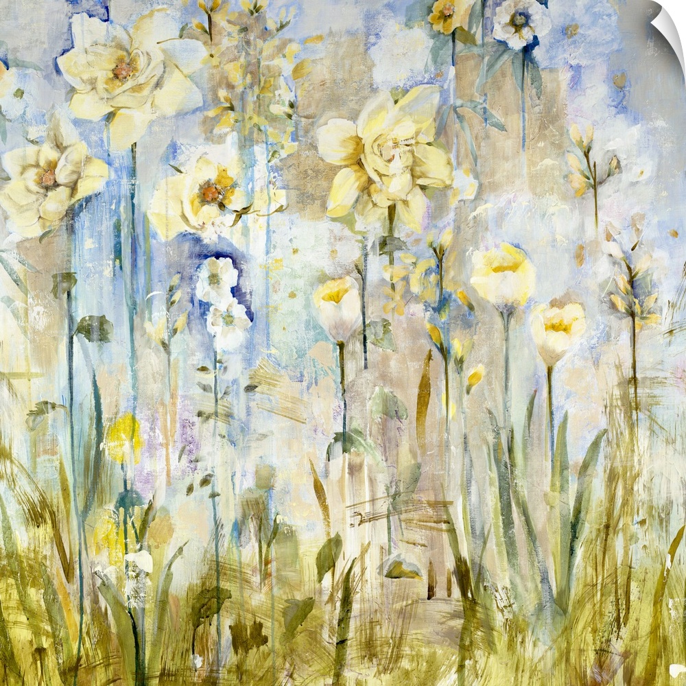 A contemporary painting of a garden of pale yellow flowers.