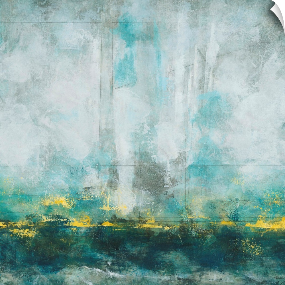 Contemporary abstract painting using a variety of tones surrounding teal.