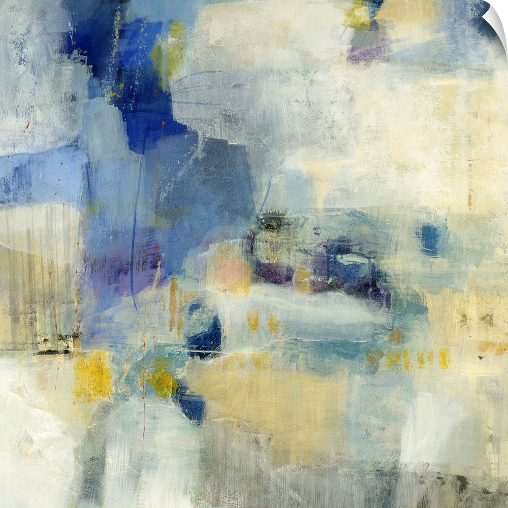Contemporary abstract painting using splashes of blue and yellow against a beige background.
