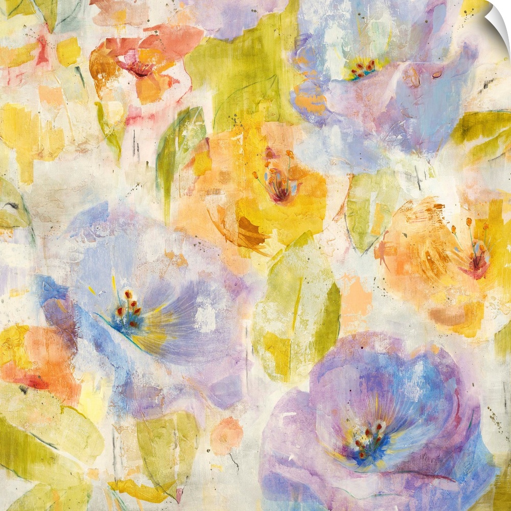 A contemporary painting of soft pale purple and orange flowers.