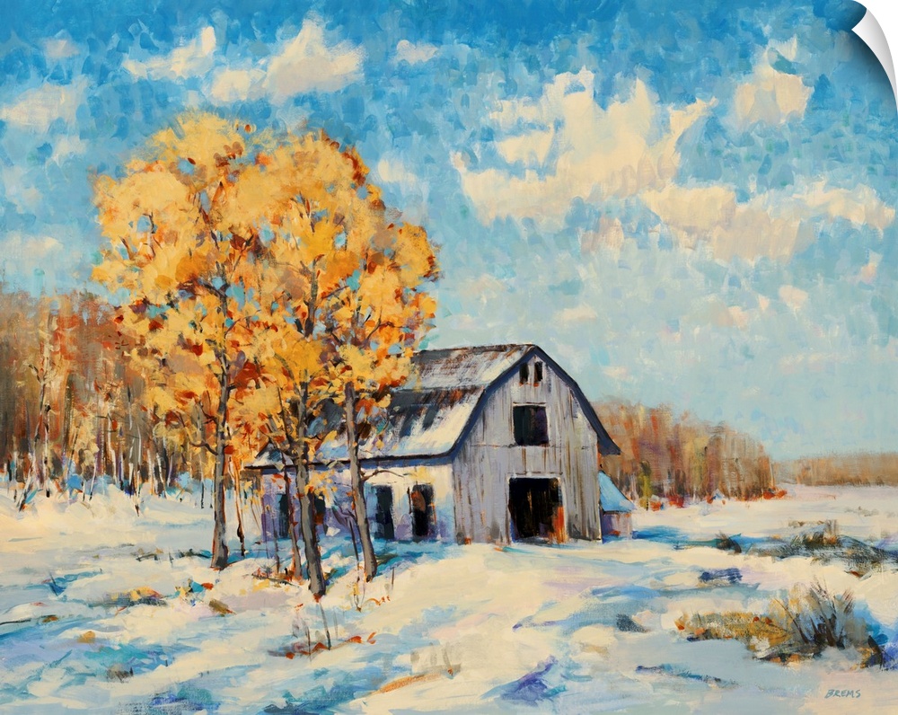 A transitional style painting on a white barn and free with golden leaves in a snowy winter landscape
