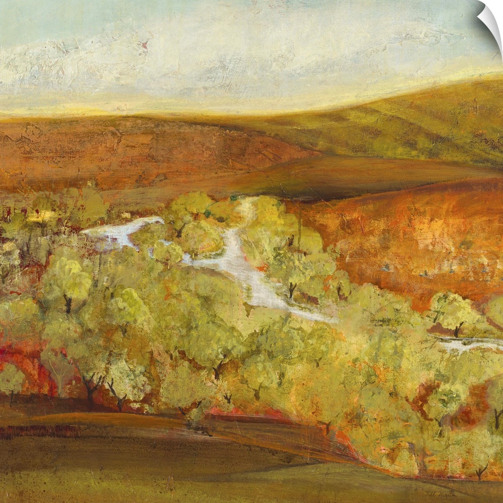 Contemporary landscape painting looking out over autumn countryside.