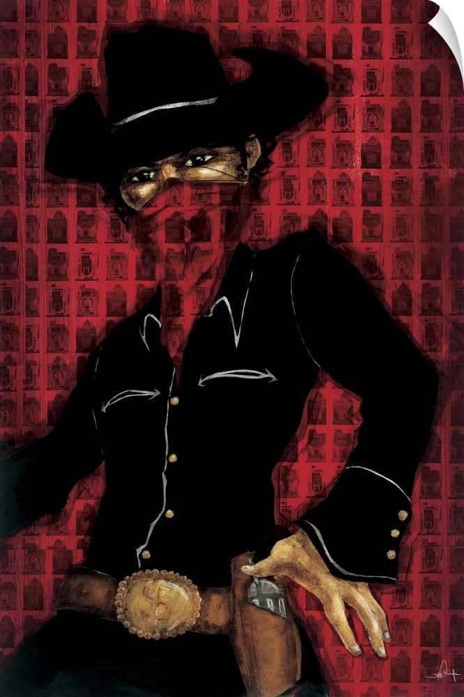 A painting of a bandit wearing all black and red kerchief on his face.