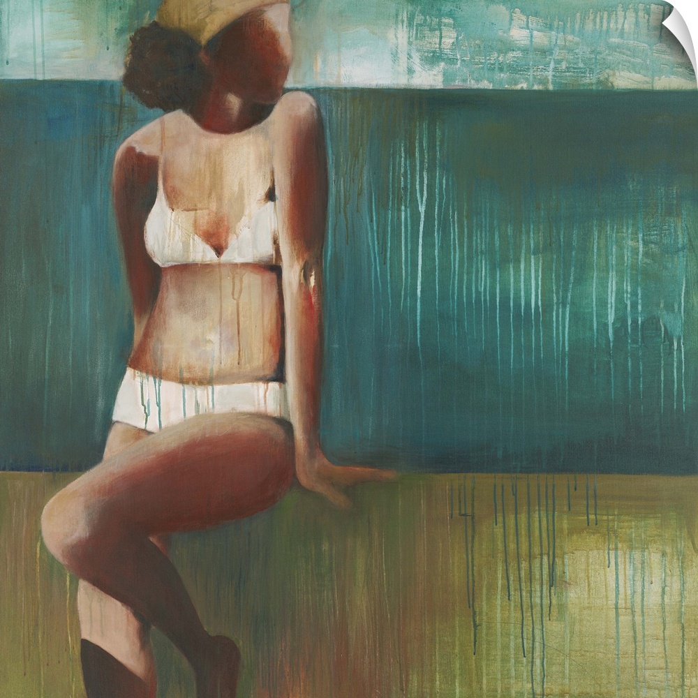 Contemporary figurative painting of a woman wearing a white bikini.