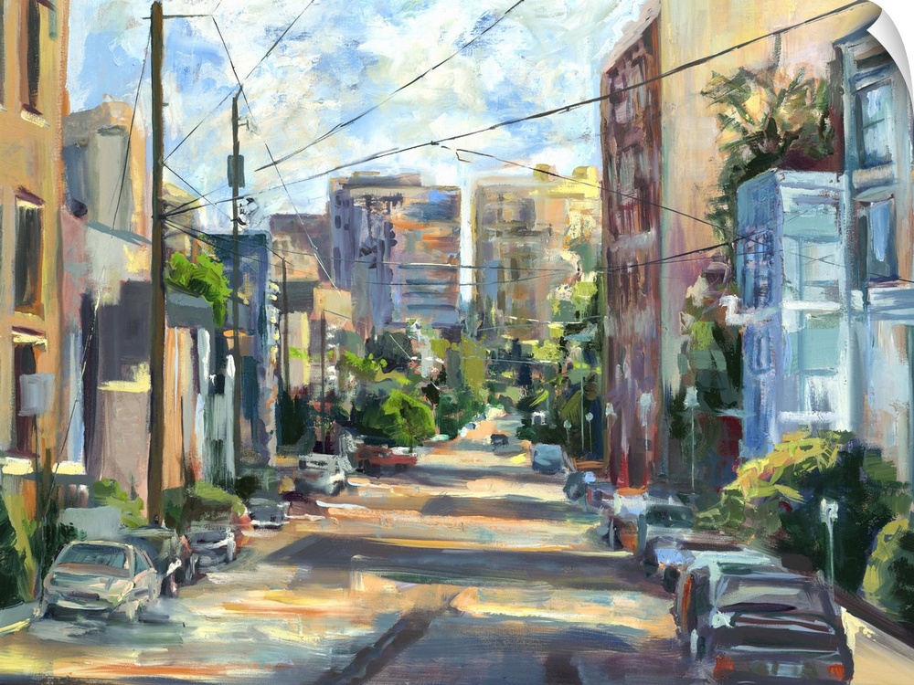 Contemporary painting looking down a city street.