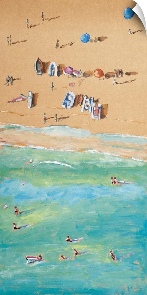 Contemporary painting looking down on a beach with people enjoying the sun.