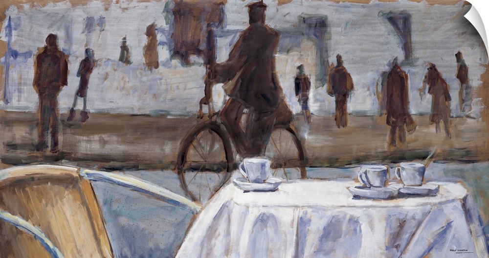 A contemporary painting of a cafe scene looking out at silhouetted figures.