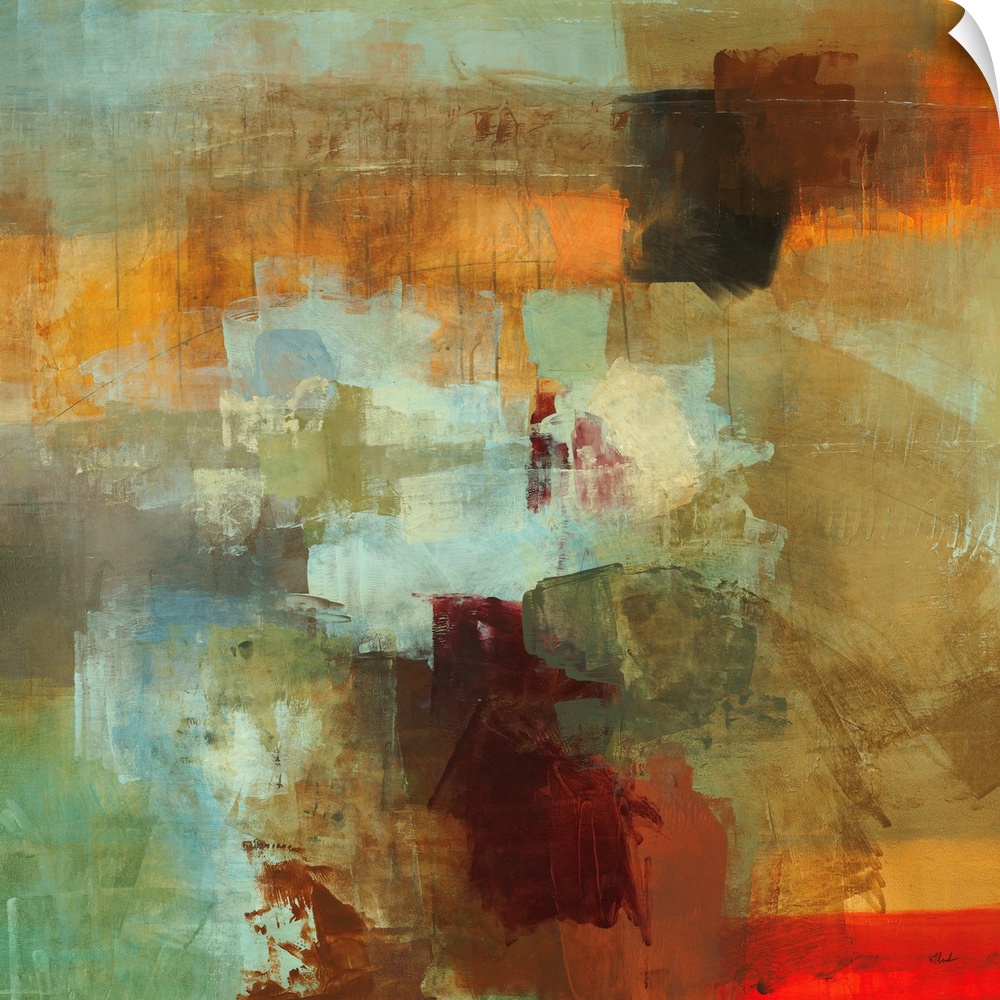 Contemporary abstract painting of muted overlapping colors.