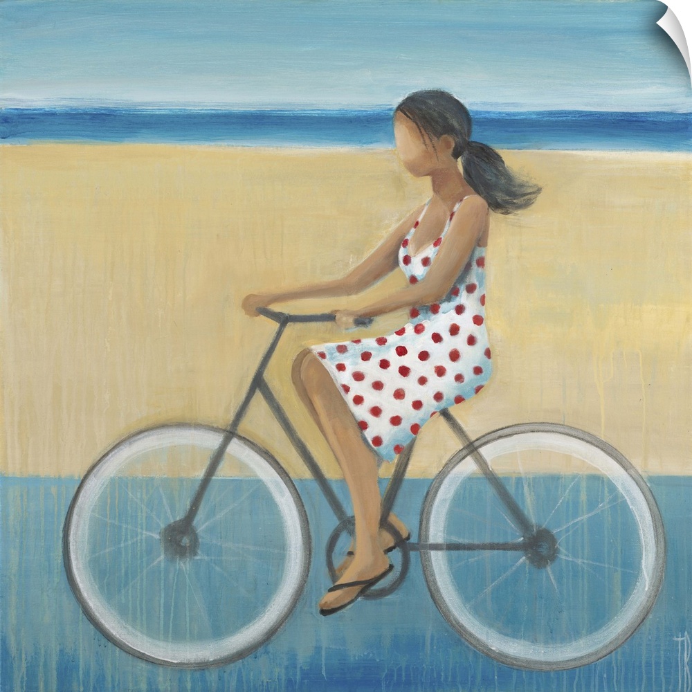 Contemporary figurative painting of a woman riding a bicycle.