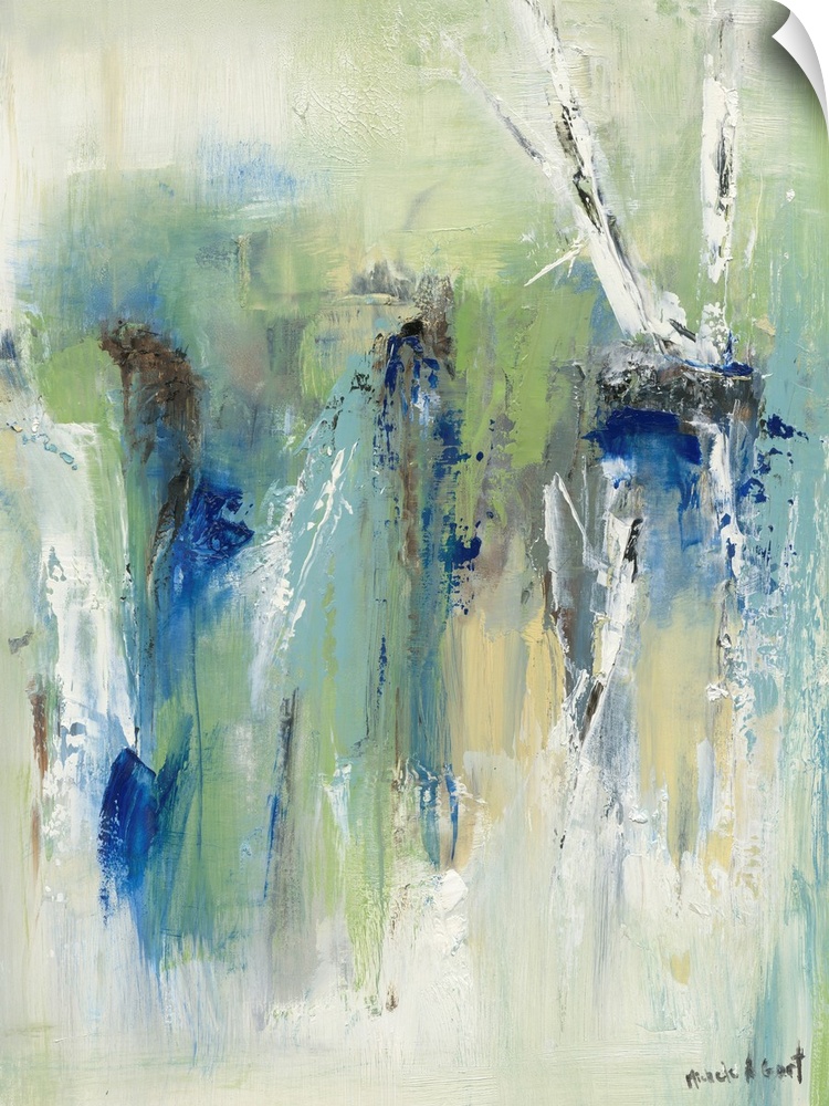 Large abstract painting in blue, green, yellow, gray, ad white hues.