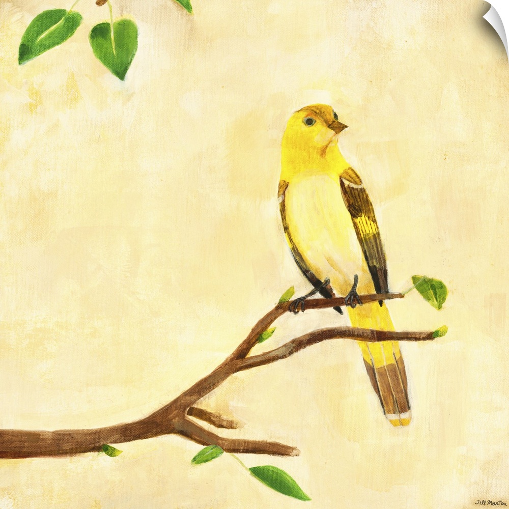 Contemporary artwork of a yellow garden bird perched on a tree branch.