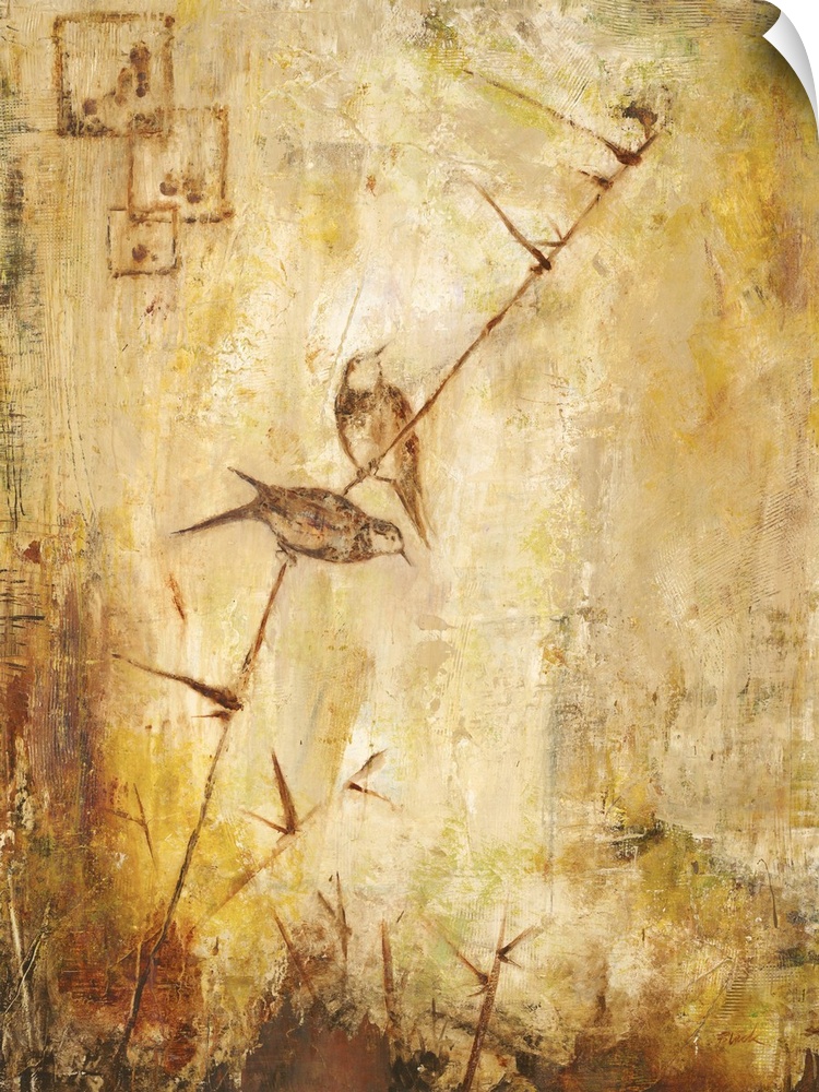 Contemporary painting of a pair of birds perched on a long thin stem.