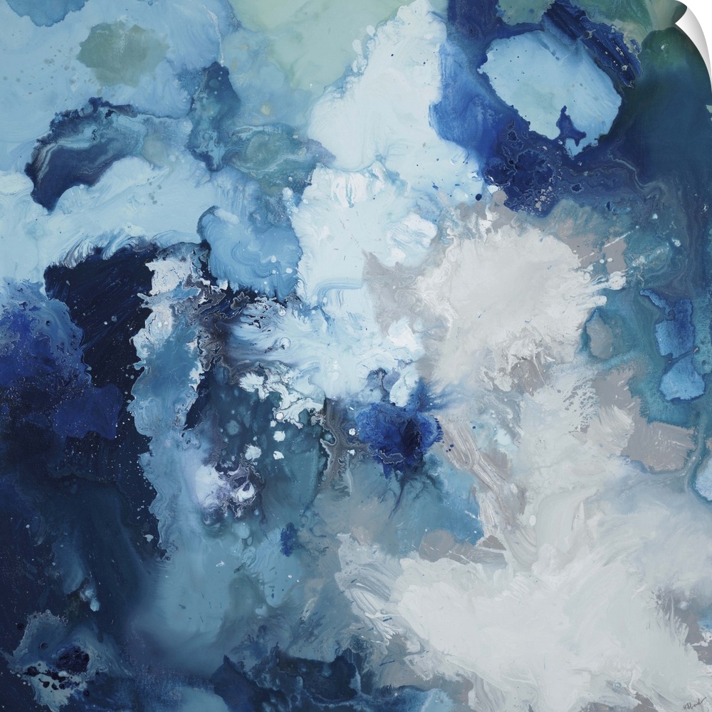 Contemporary abstract painting using blue tones swirling around to create a flowing cloud like form.
