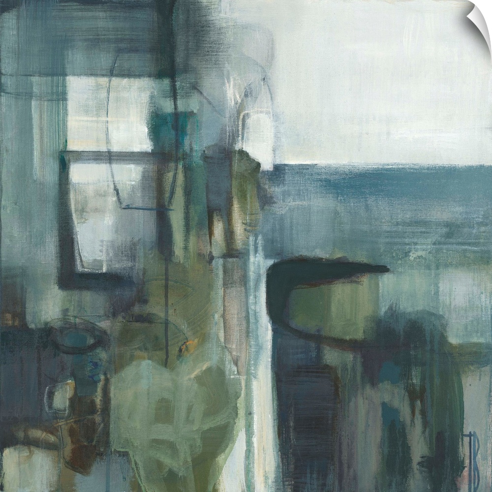 Contemporary abstract painting using pale muted blue and green tones.