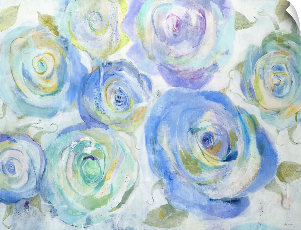 A contemporary painting of purple and blue flowers.