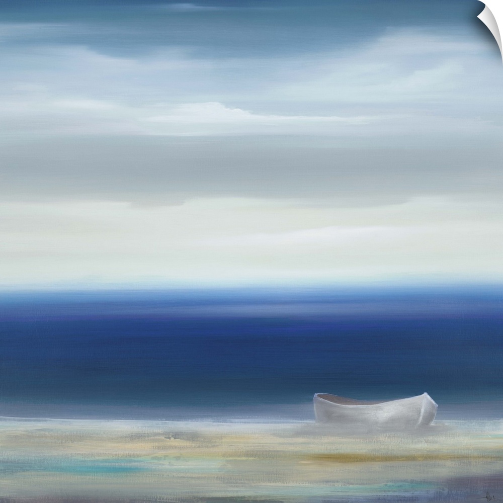 Painting of a row boat sitting on the shore looking out at vast calm sea.