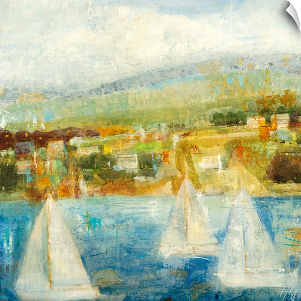 Painting of sailboats in water with city in distance under a cloudy sky.