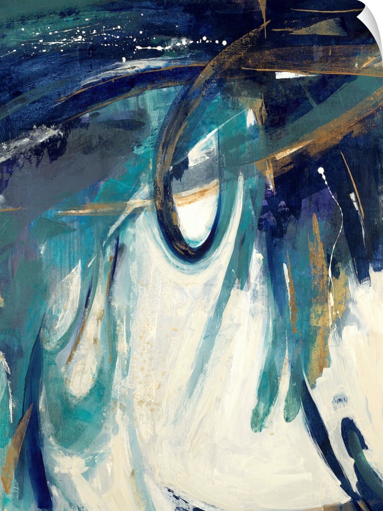 Contemporary abstract painting with bold blue hues in various shades and pops of gold throughout on a cream background.