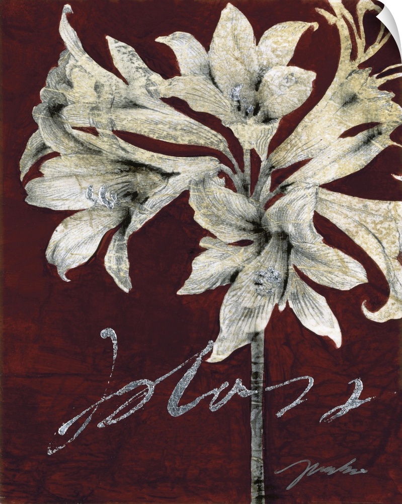 A vertical decorative design of a group of white lilies on a burgundy backdrop.